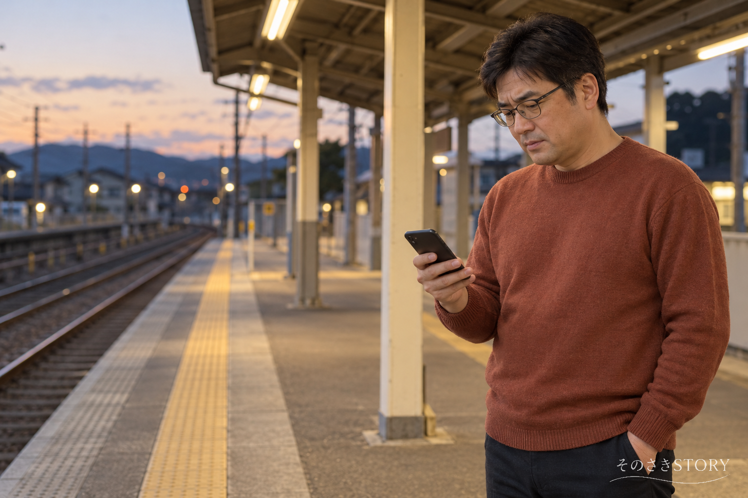 同窓会帰りの駅のホームで、写真をSNSから消してほしいという連絡を読む49歳の男性