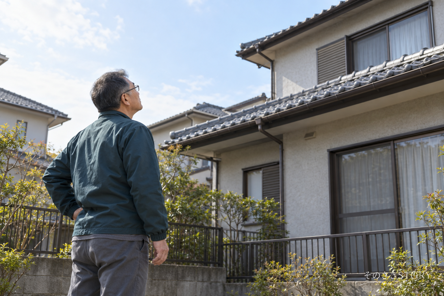 点検の訪問者を断った翌朝、自宅の庭から屋根を見上げる60歳の修司を描いたイメージ