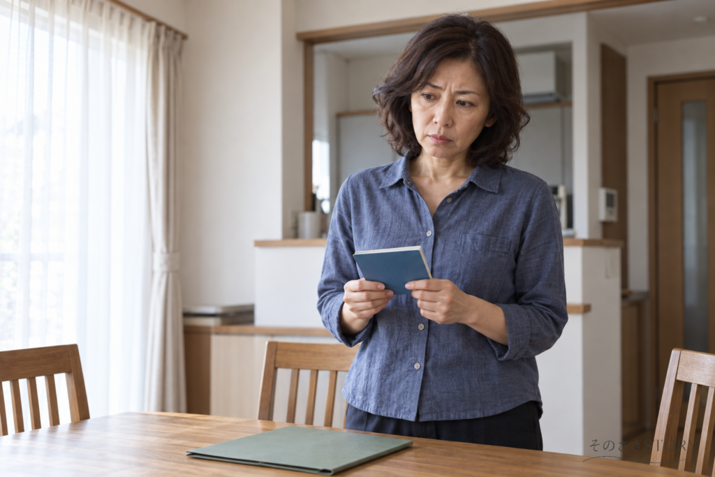 自宅の食卓で返された通帳を手にする53歳の玲子を描いたイメージ