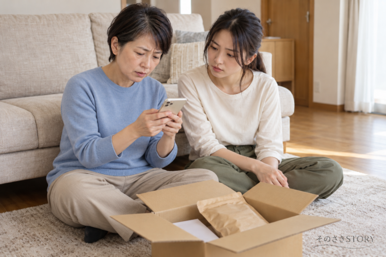 居間で届いたコーヒーの箱を前に、ブルーのニットを着た礼子と娘がスマートフォンの注文内容を確認する場面